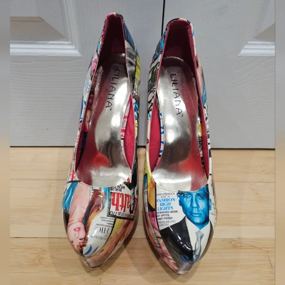 Unique Liliana Magazine Vogue Multi Color Print Platform High Heels Pumps Shoe 9 - Picture 6 of 11